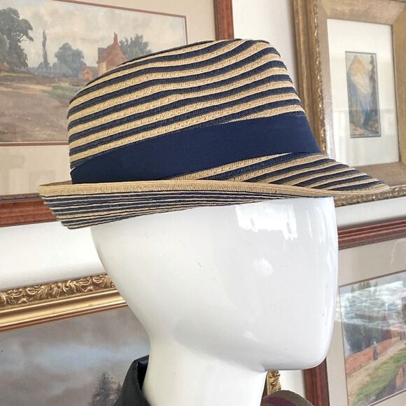 Papillon Panama Style Hat Blue and Straw Colored Stripes 100% Recycled - Picture 2 of 10